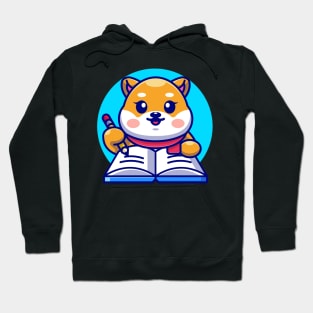 Cute shiba inu dog writing on book with pencil cartoon Hoodie